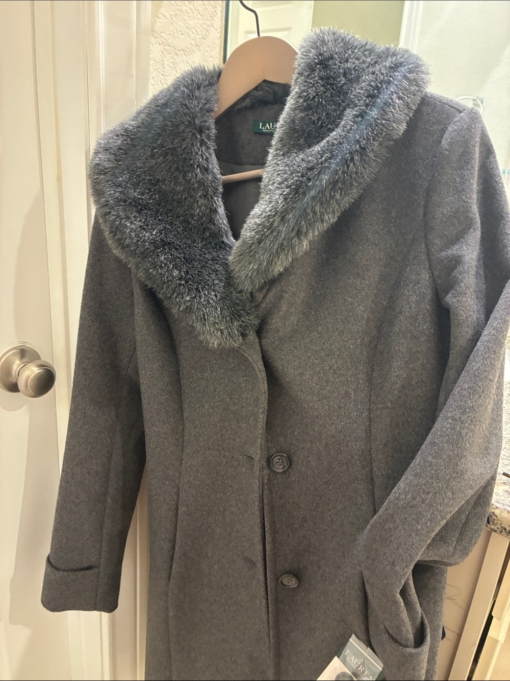 Lauren Ralph Lauren Charcoal Gray Wool Pea Coat with Faux Fur Collar